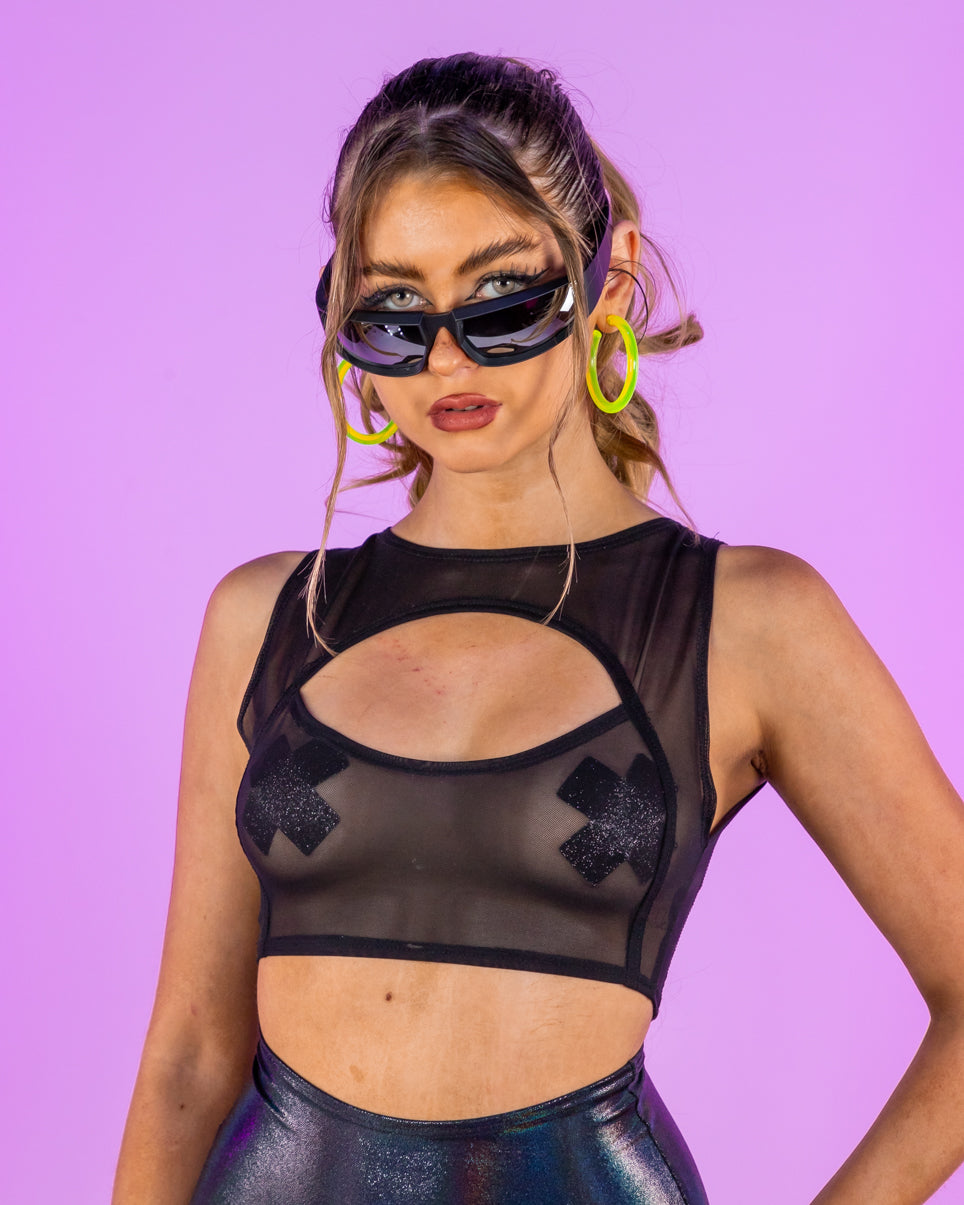 Black Mesh Keyhole Top