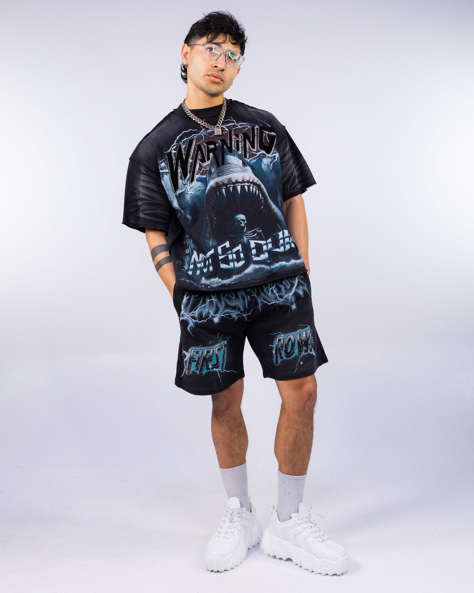 Warning Jaws Men's Black Washed Cropped Tee