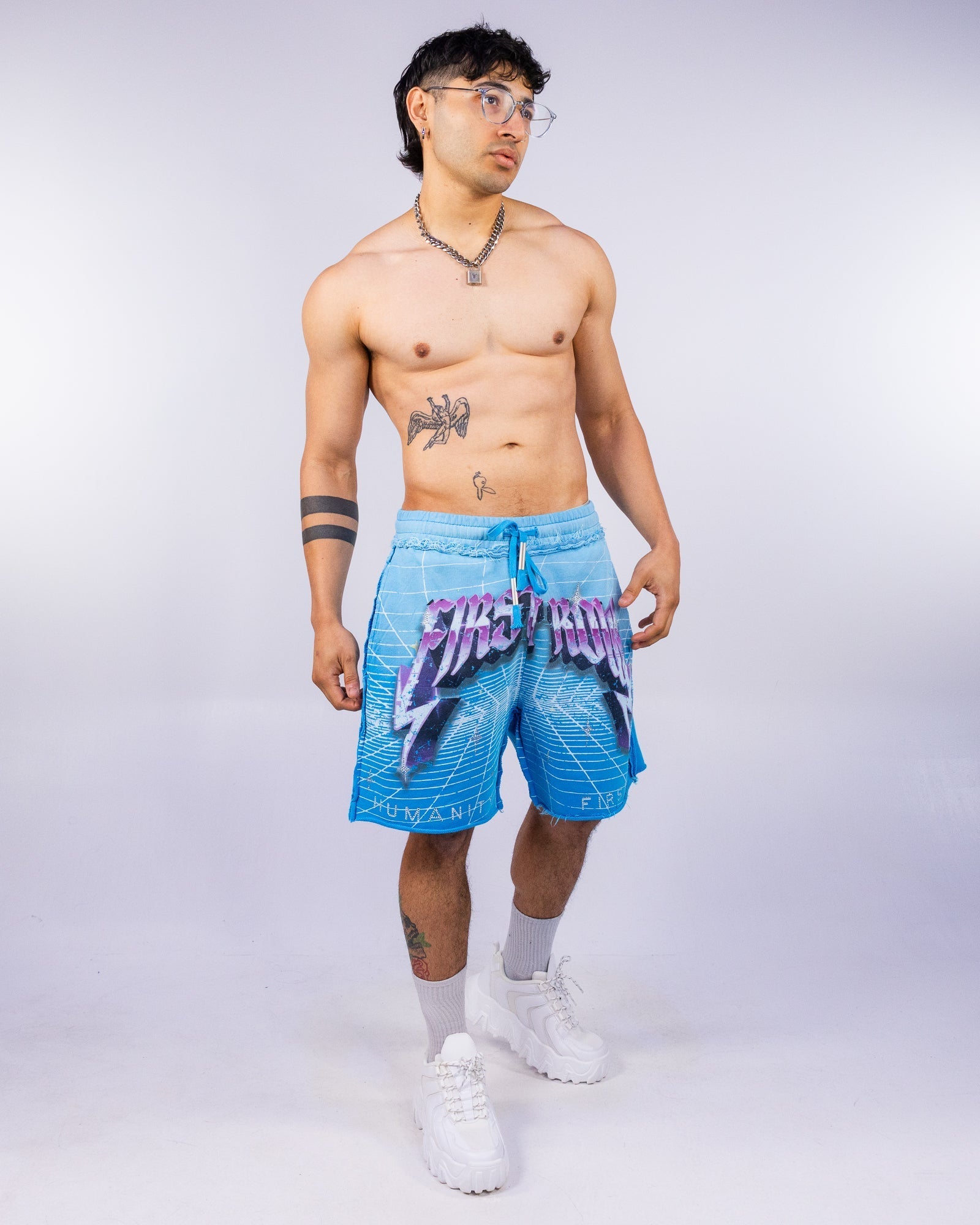 Washed Humanity Men's Blue Graphic Shorts