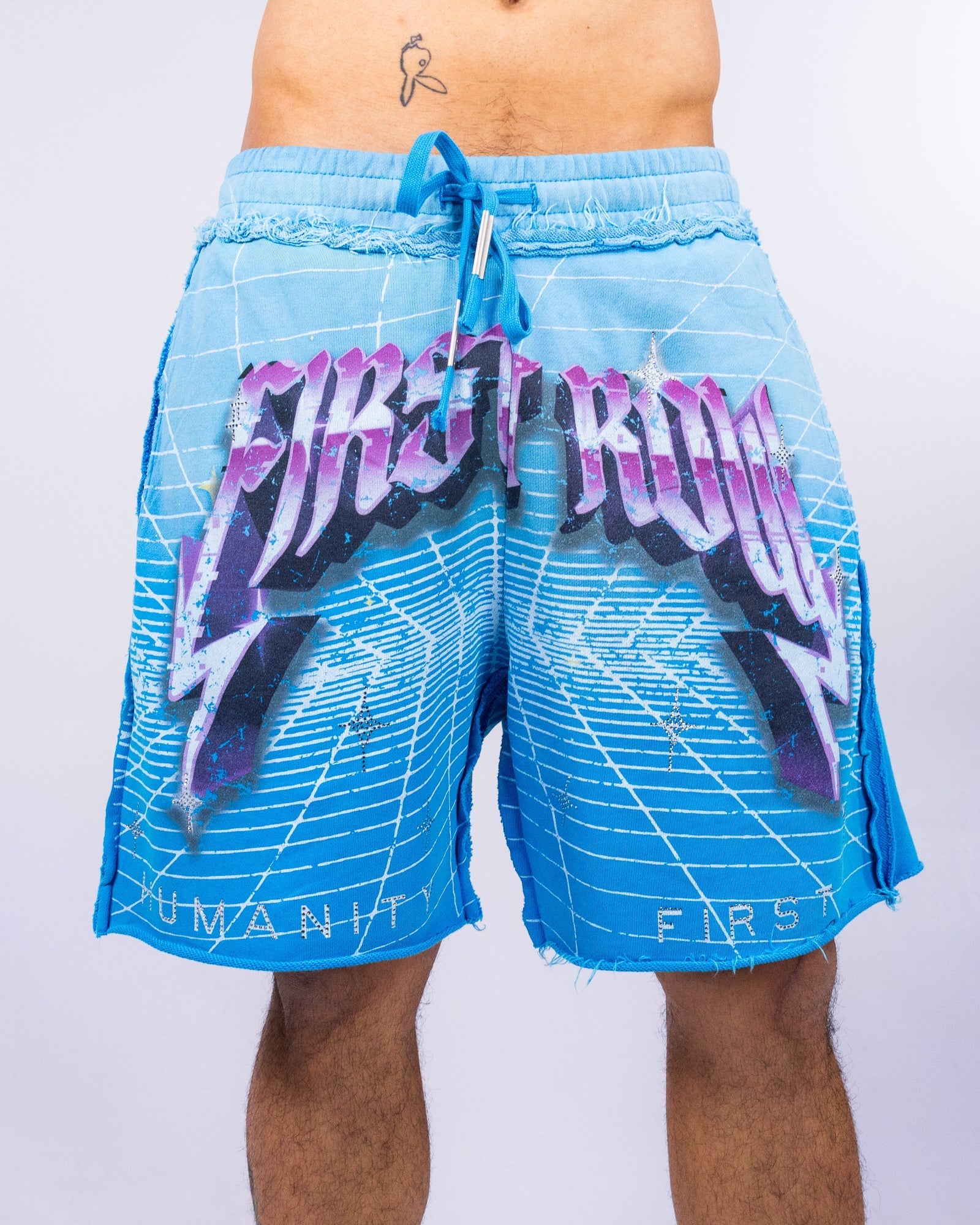 Washed Humanity Men's Blue Graphic Shorts
