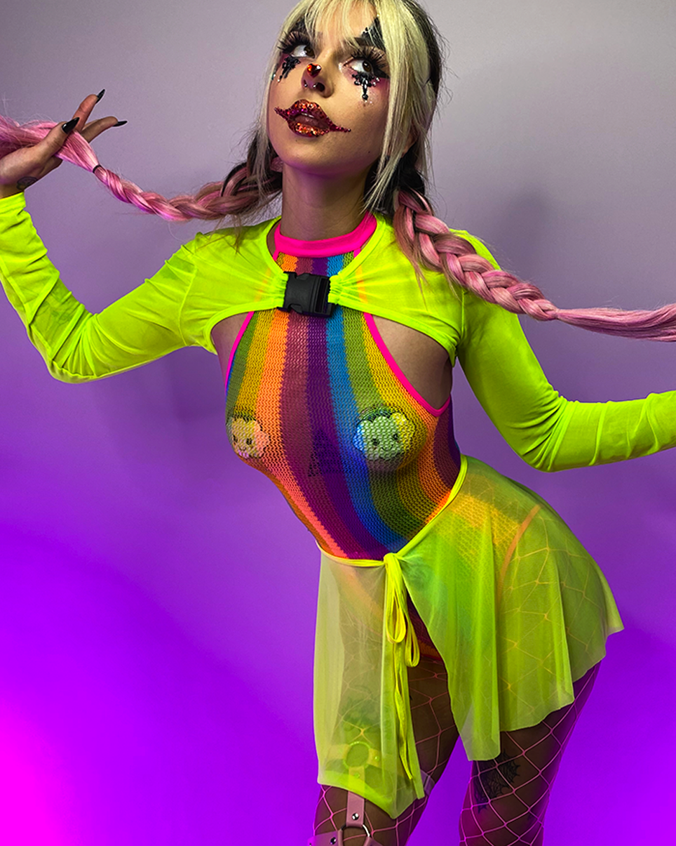 Rainbow Mesh Fishnet Rave Bodysuit