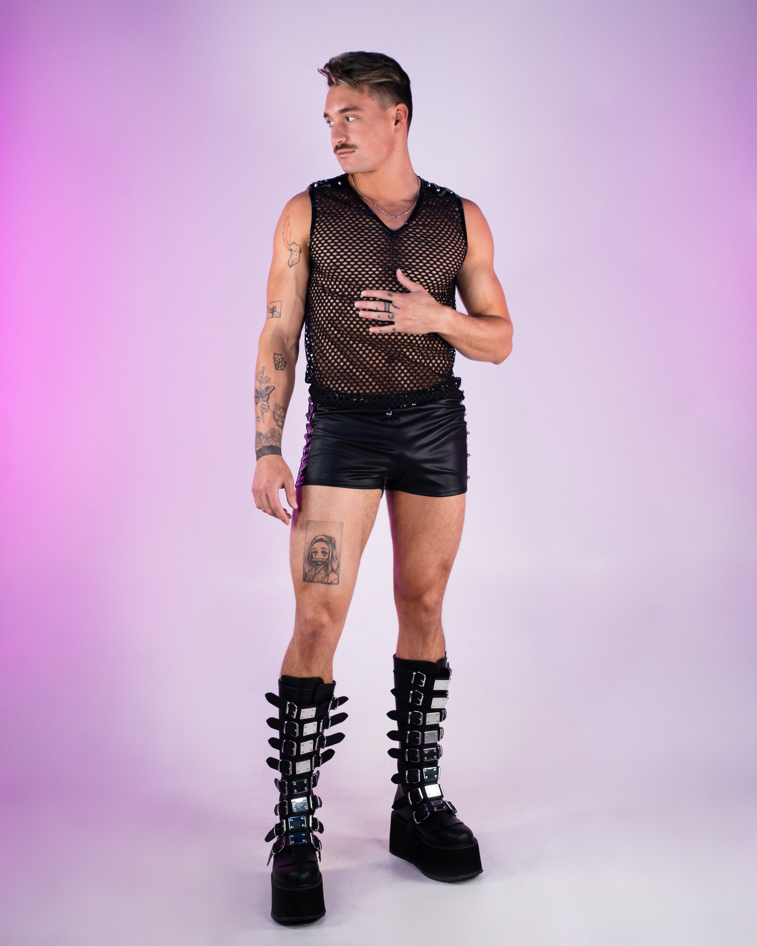 Men's Techno Black Fishnet Tank Top w/ Stud Details