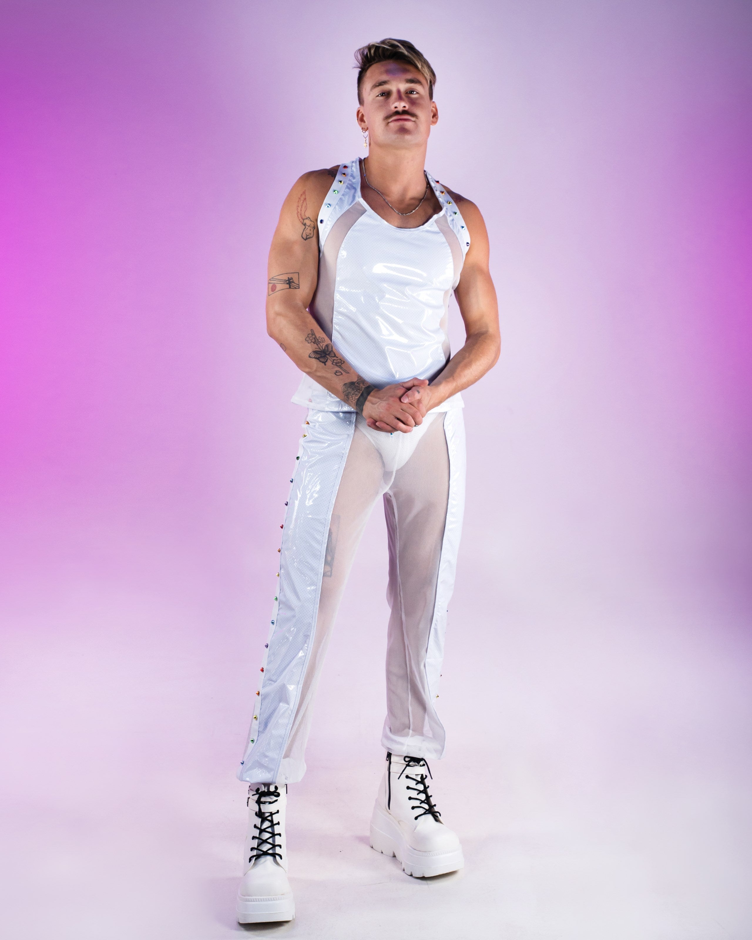Rainbow Love Pride Men's Vinyl Mesh Tank Top w/ Studs