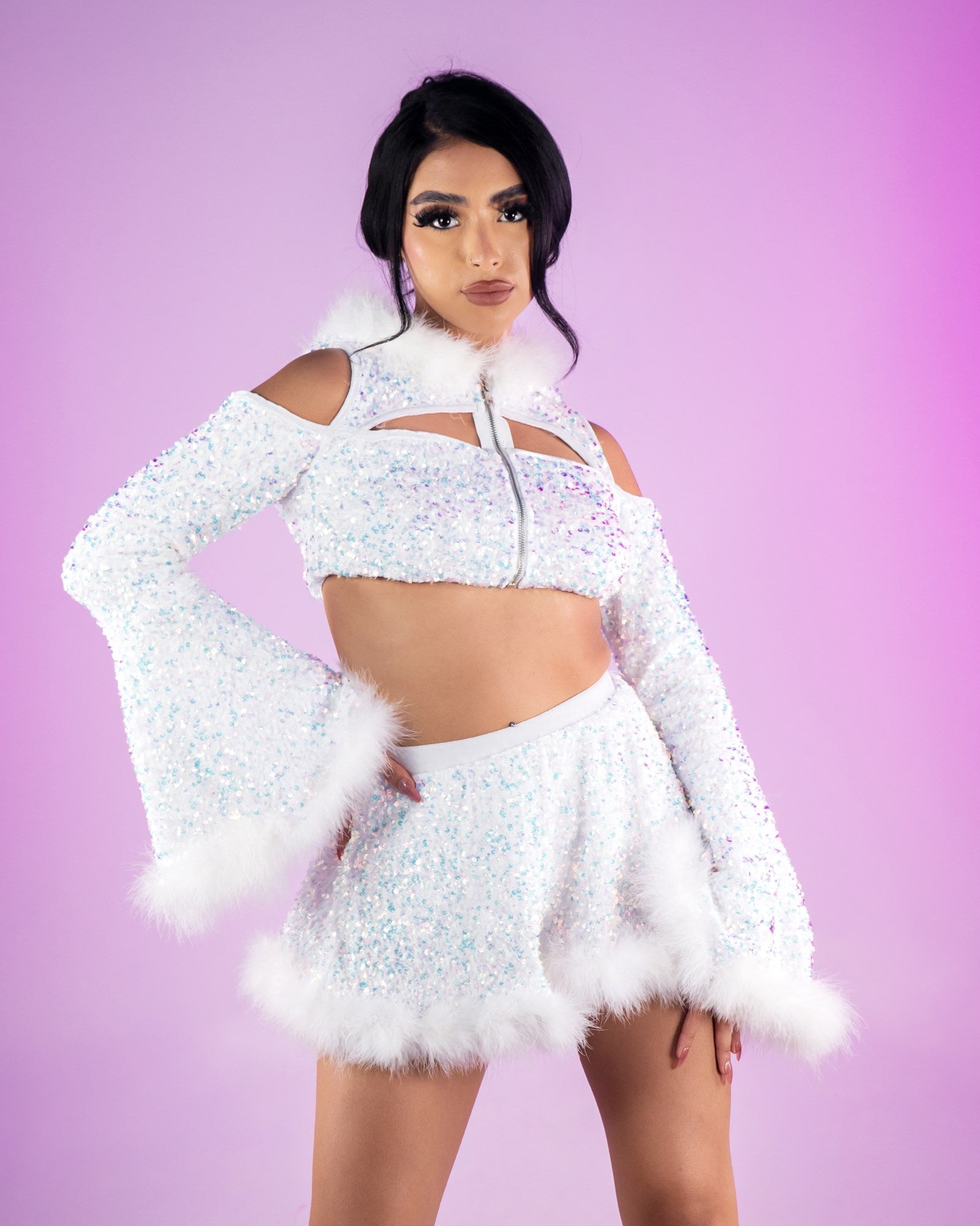 White Sequin Fields Cutout Long Sleeve Hooded Crop Top