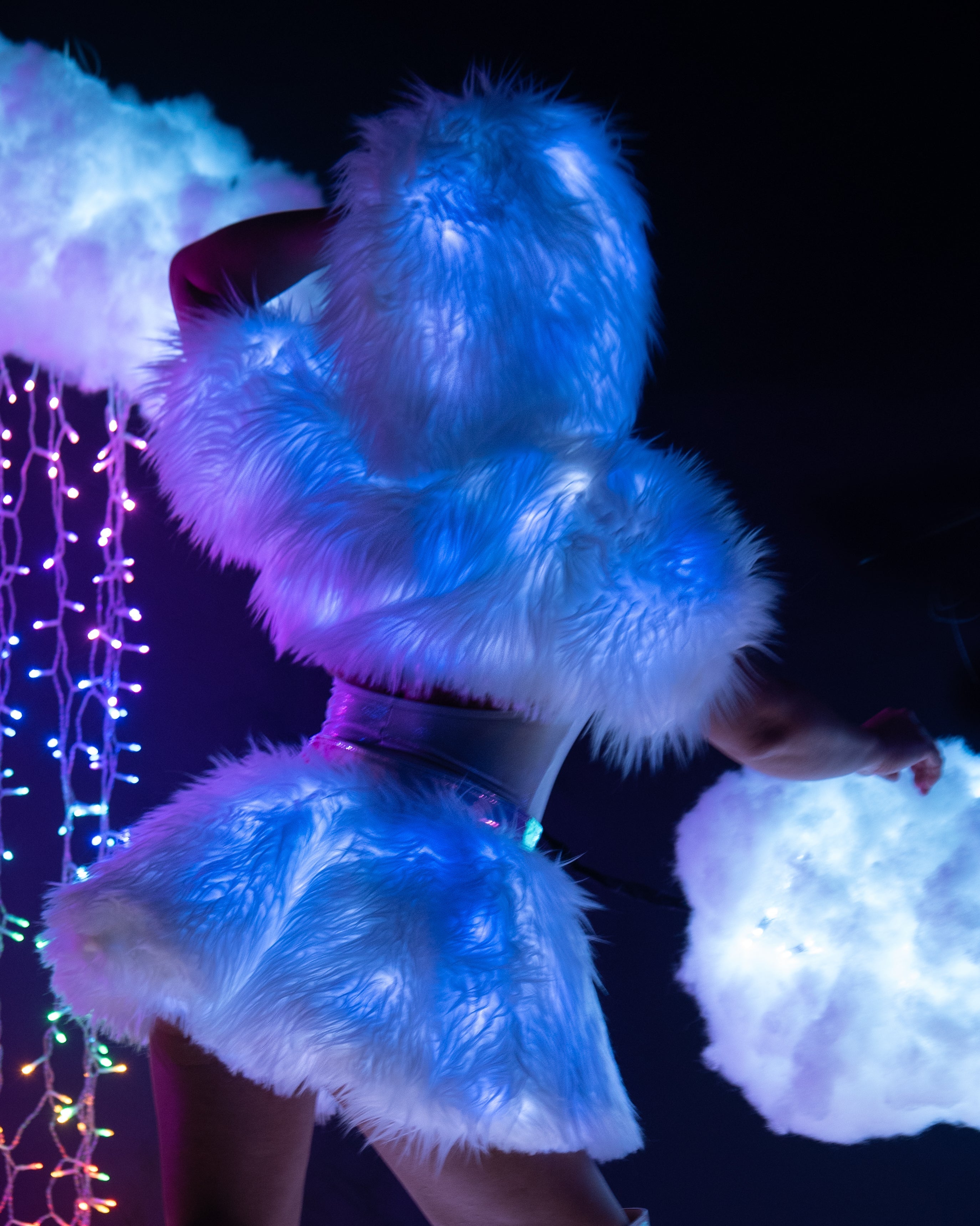 White/Blue LED White Fur Belted Skirt
