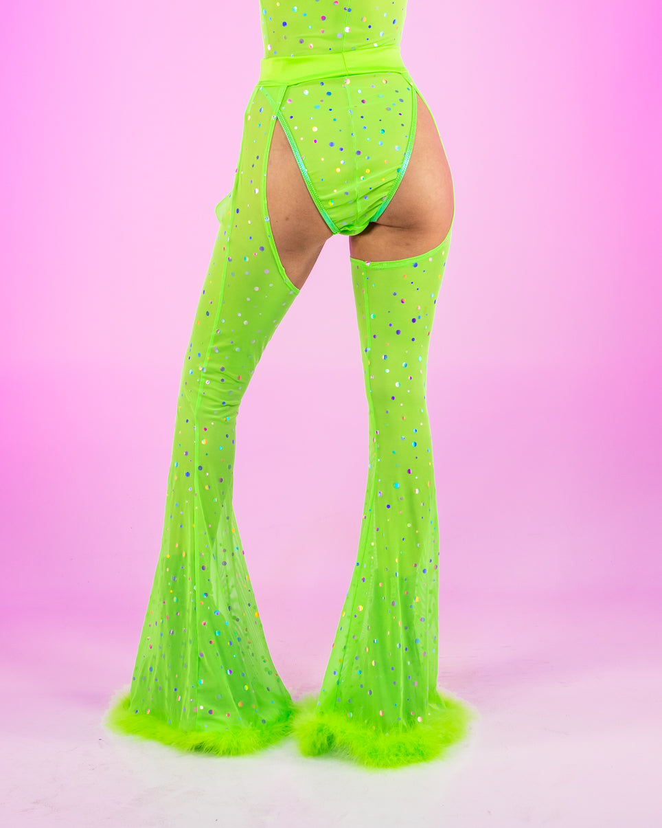Lime Disco Sheer Dotted Chaps w/ Marabou Trim