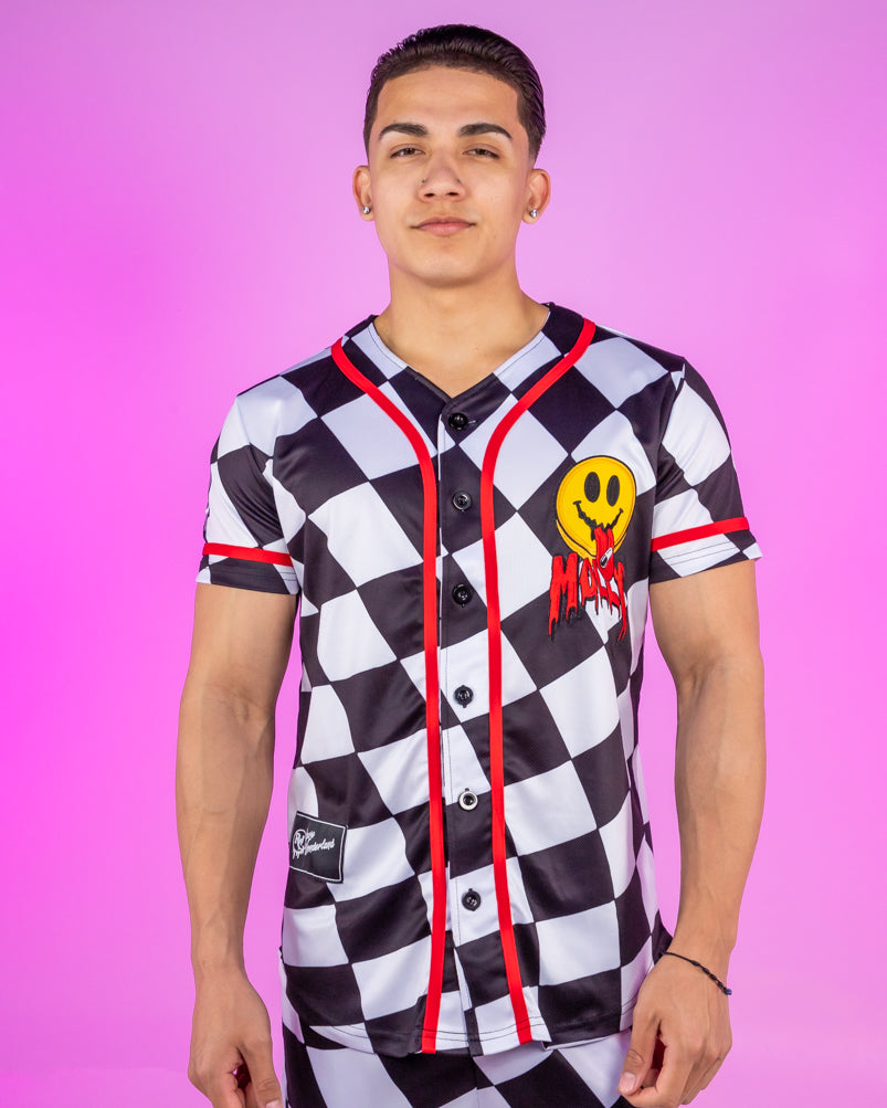Checkered Molly Monster Smiley Face Black and White Baseball Jersey