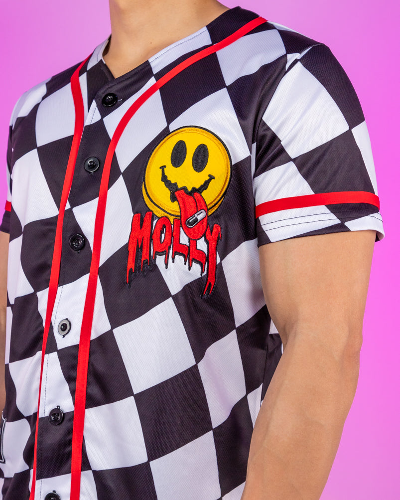 Checkered Molly Monster Smiley Face Black and White Baseball Jersey