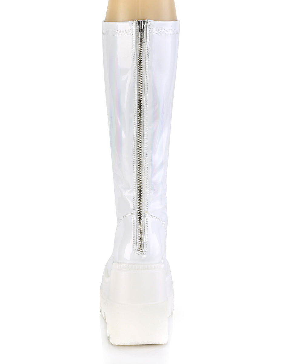 Demonia Shaker White Holo Knee High Boots