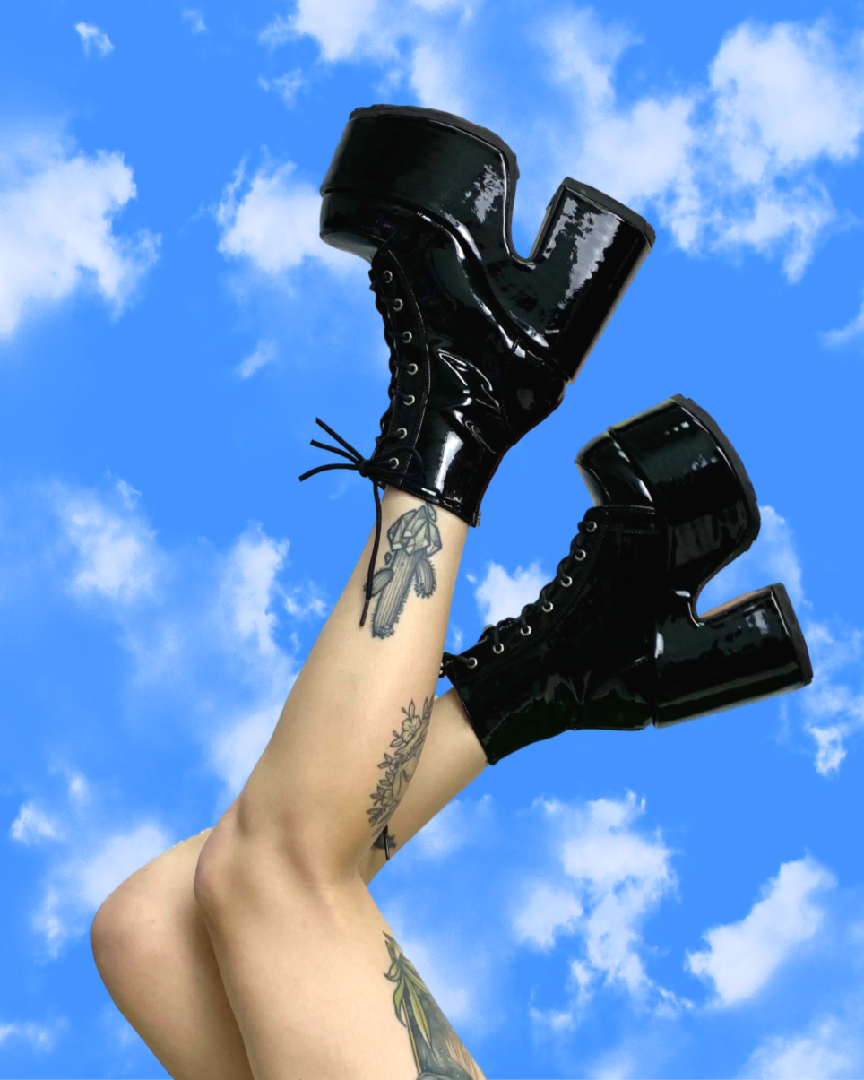 Demonia Black Patent Lace-Up Women's Platform Ankle Boots
