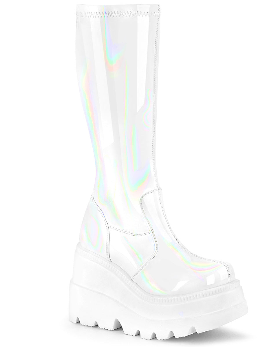 Demonia Shaker White Holo Knee High Boots