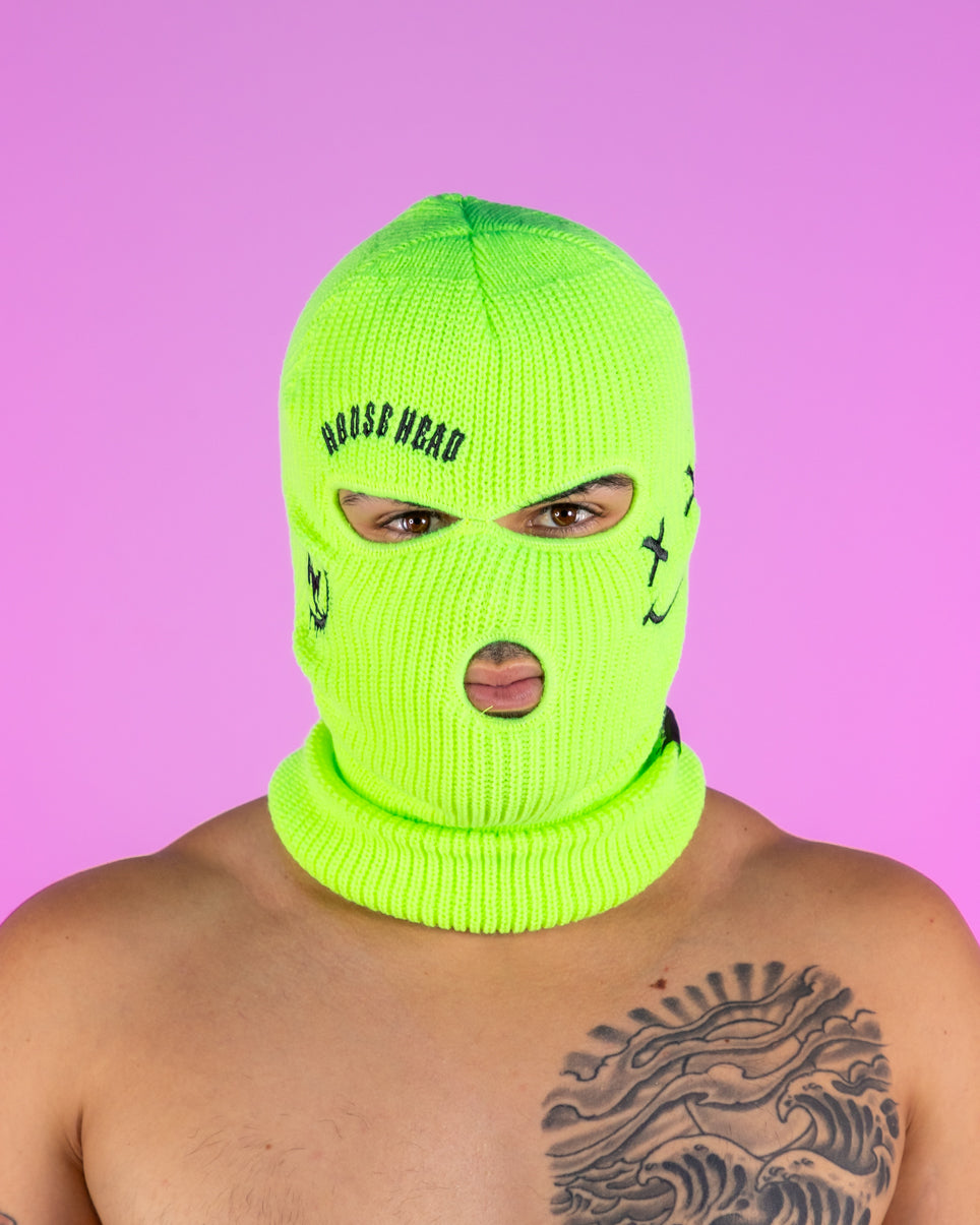Neon Green House Head Smiles Ski Mask