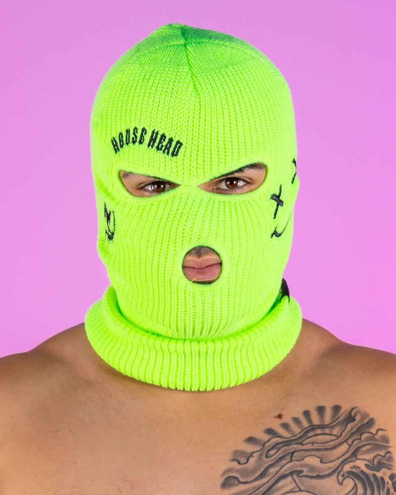 Neon Green House Head Smiles Ski Mask