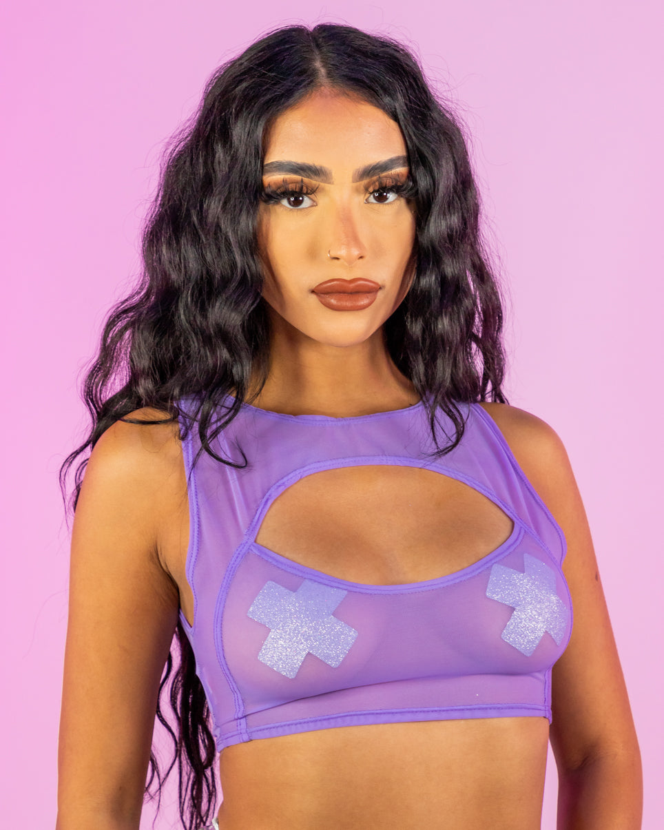 Lavender Mesh Keyhole Top