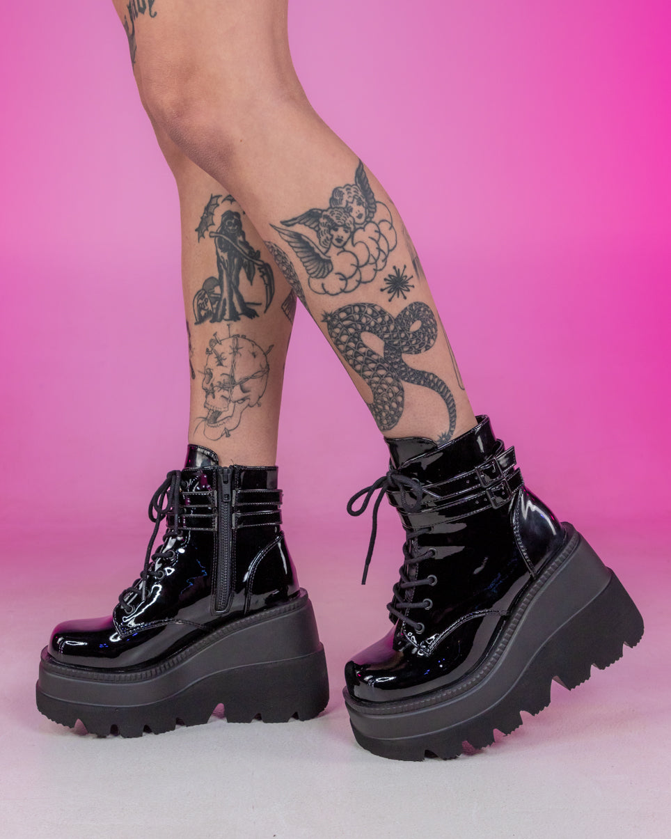 Demonia Black Patent Stacked Platform Ankle Boots