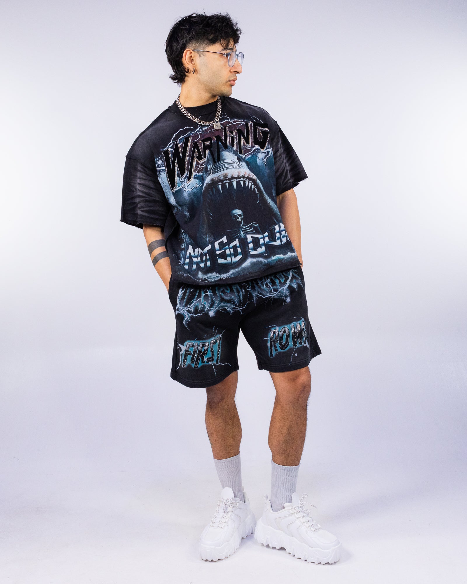 Warning Jaws Men's Black Washed Cropped Tee