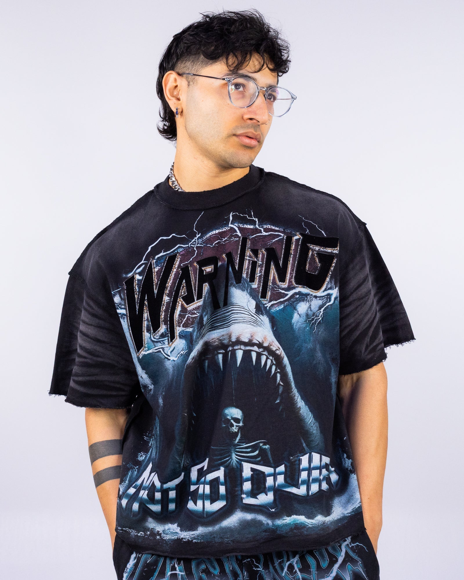 Warning Jaws Men's Black Washed Cropped Tee