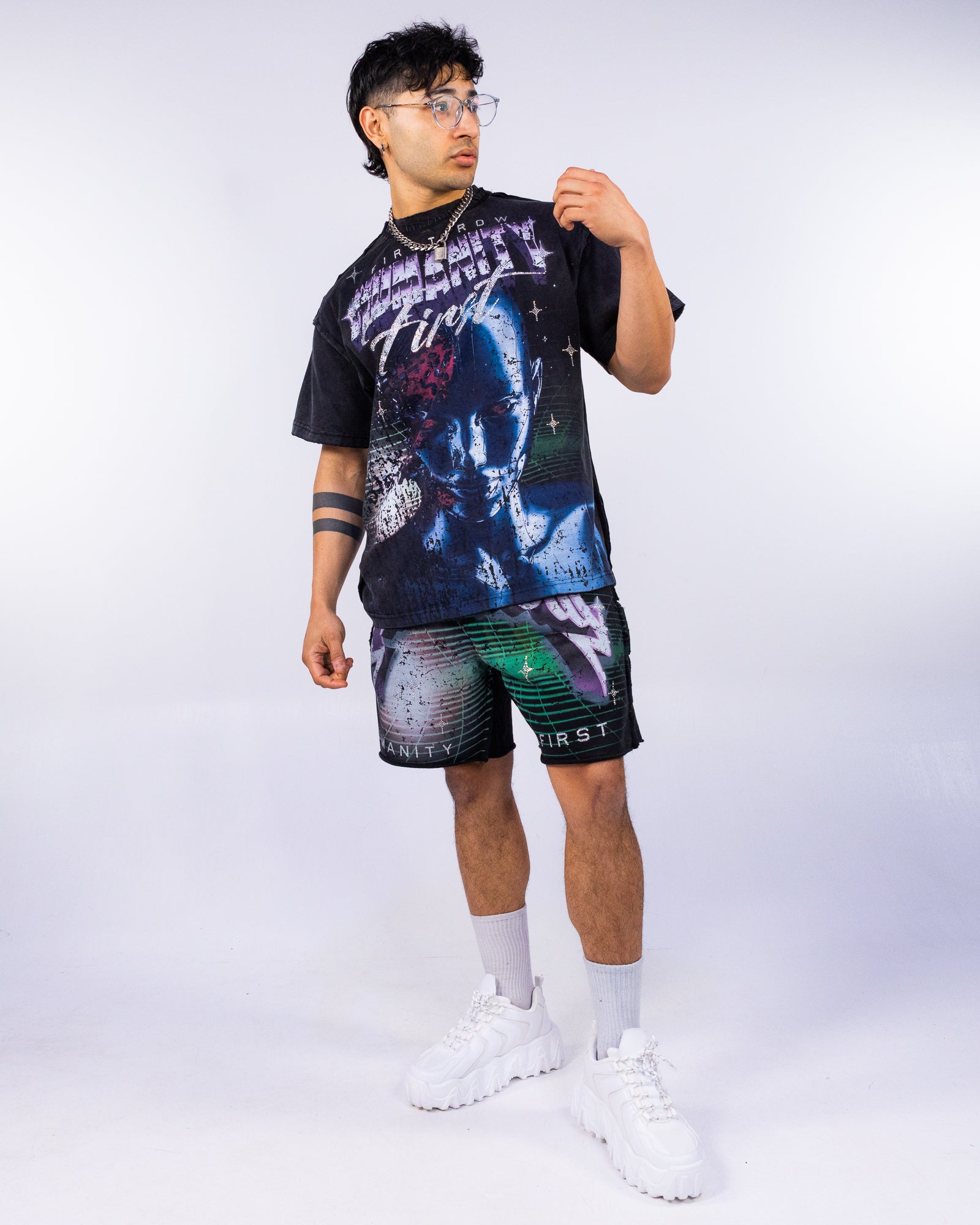 Washed Humanity Men's Black Graphic Shorts