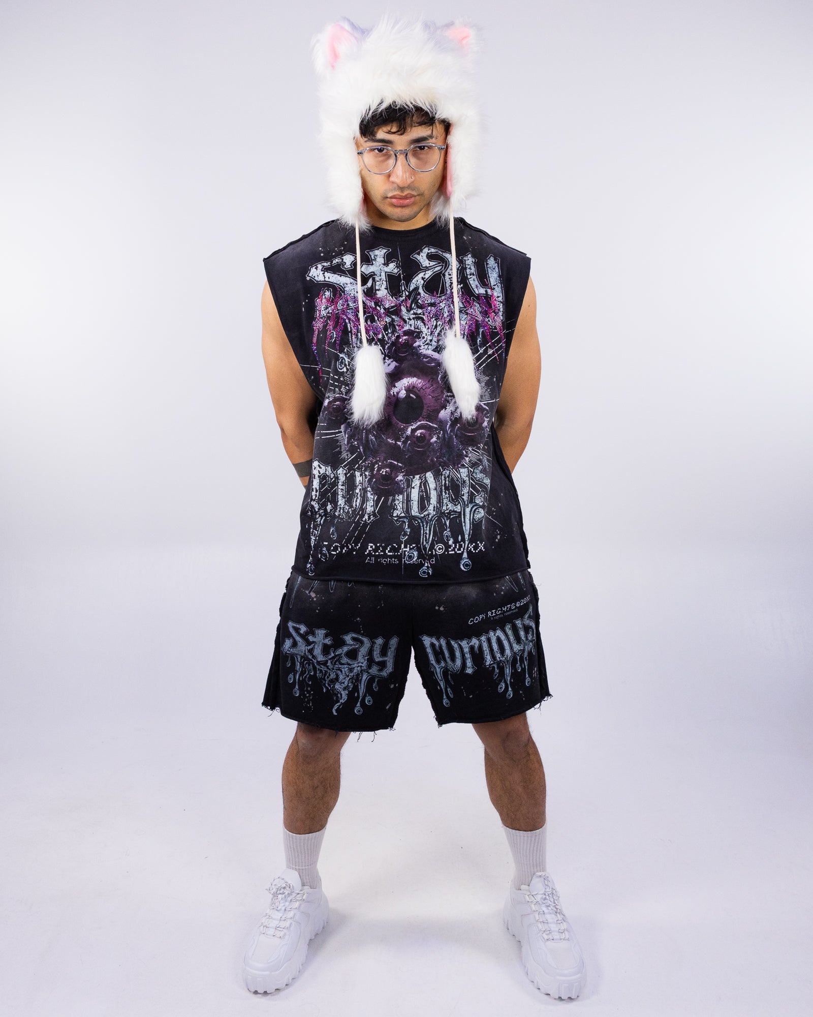 Stay Curious Men's Black Graphic Washed Shorts