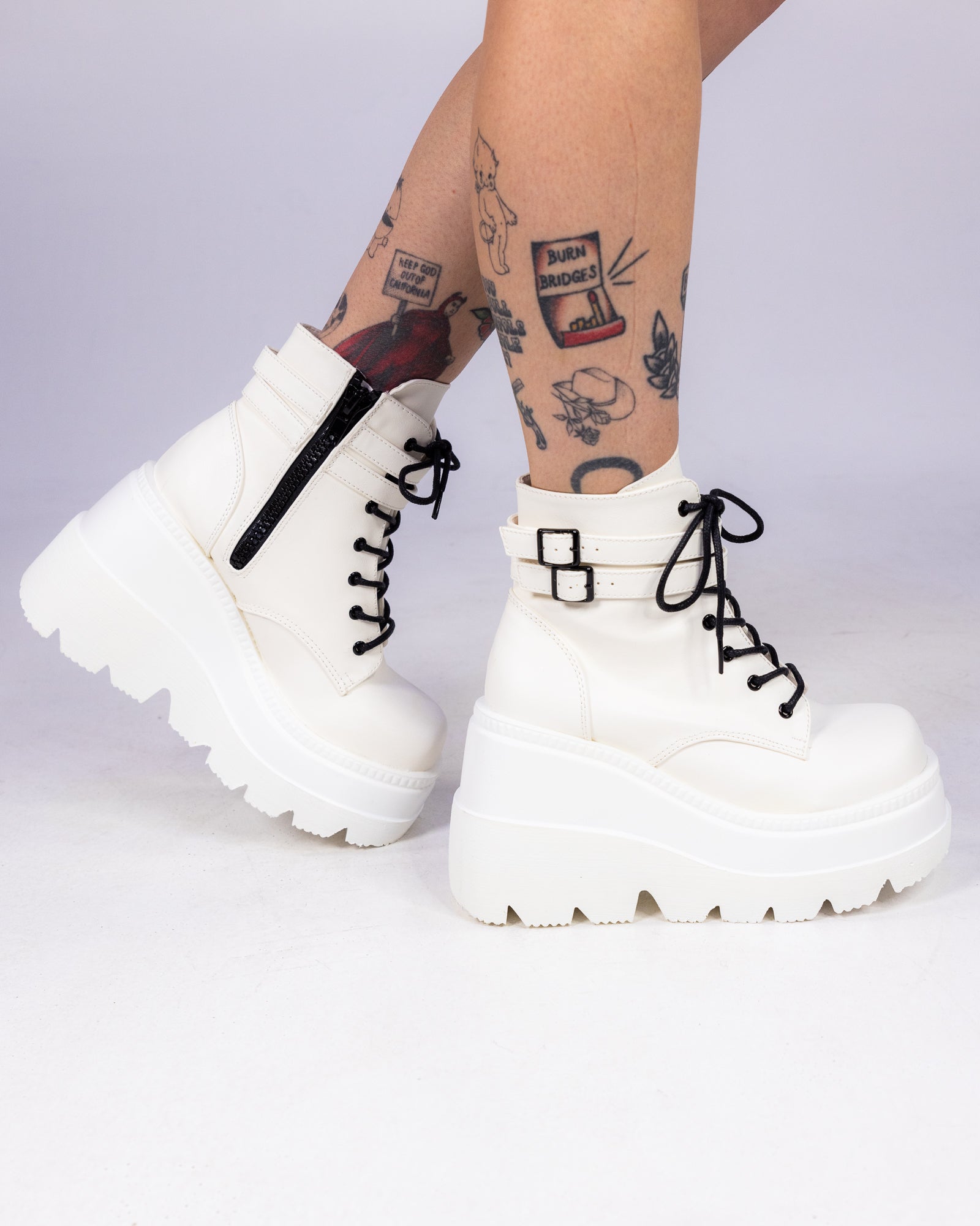 Demonia White Stacked Women's Wedge Platform Ankle Boots
