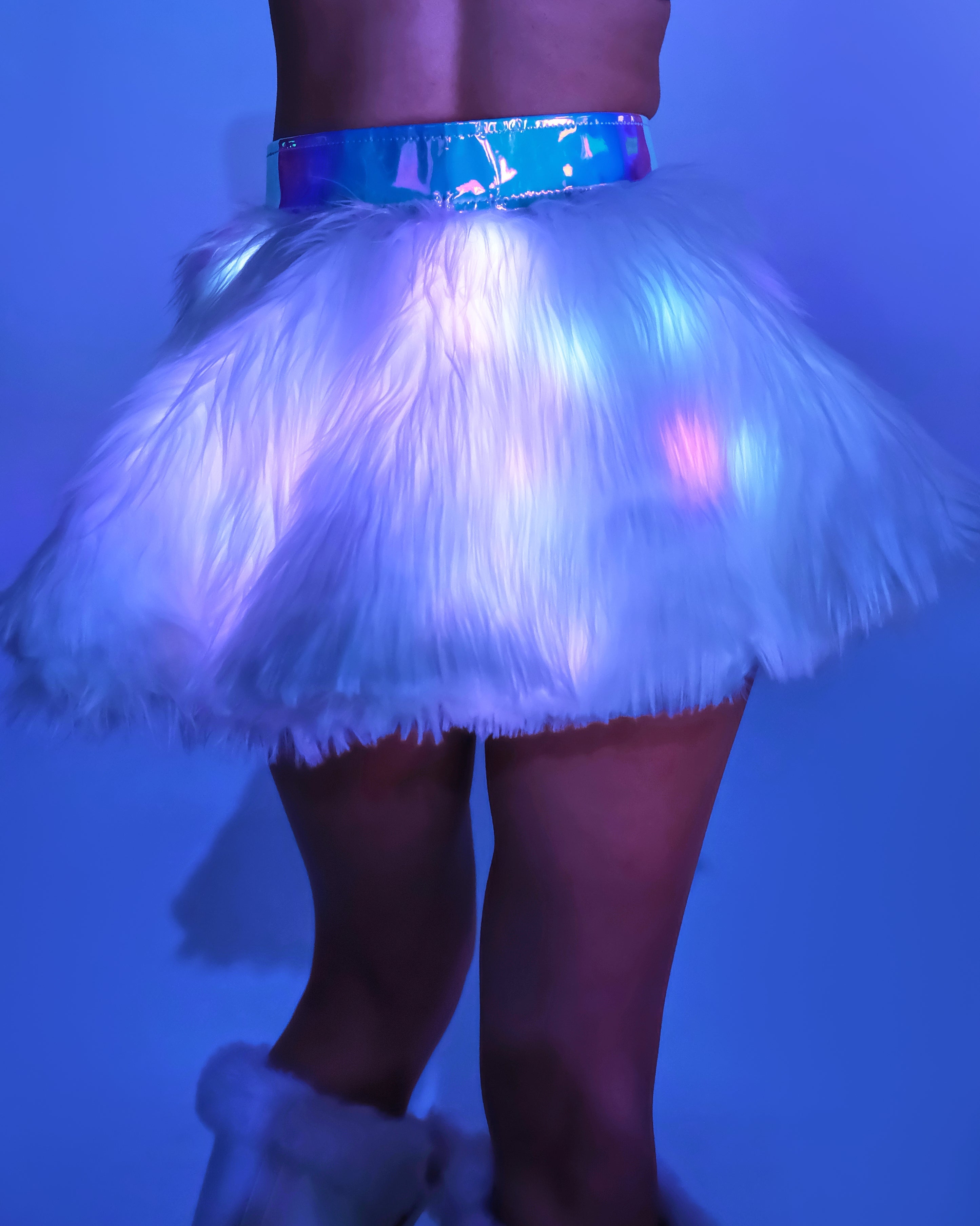 White/Pink LED White Fur Belted Skirt