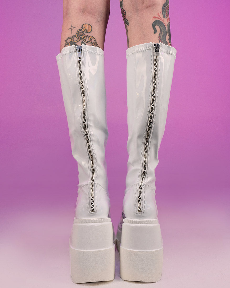 Demonia Shaker White Holo Knee High Boots