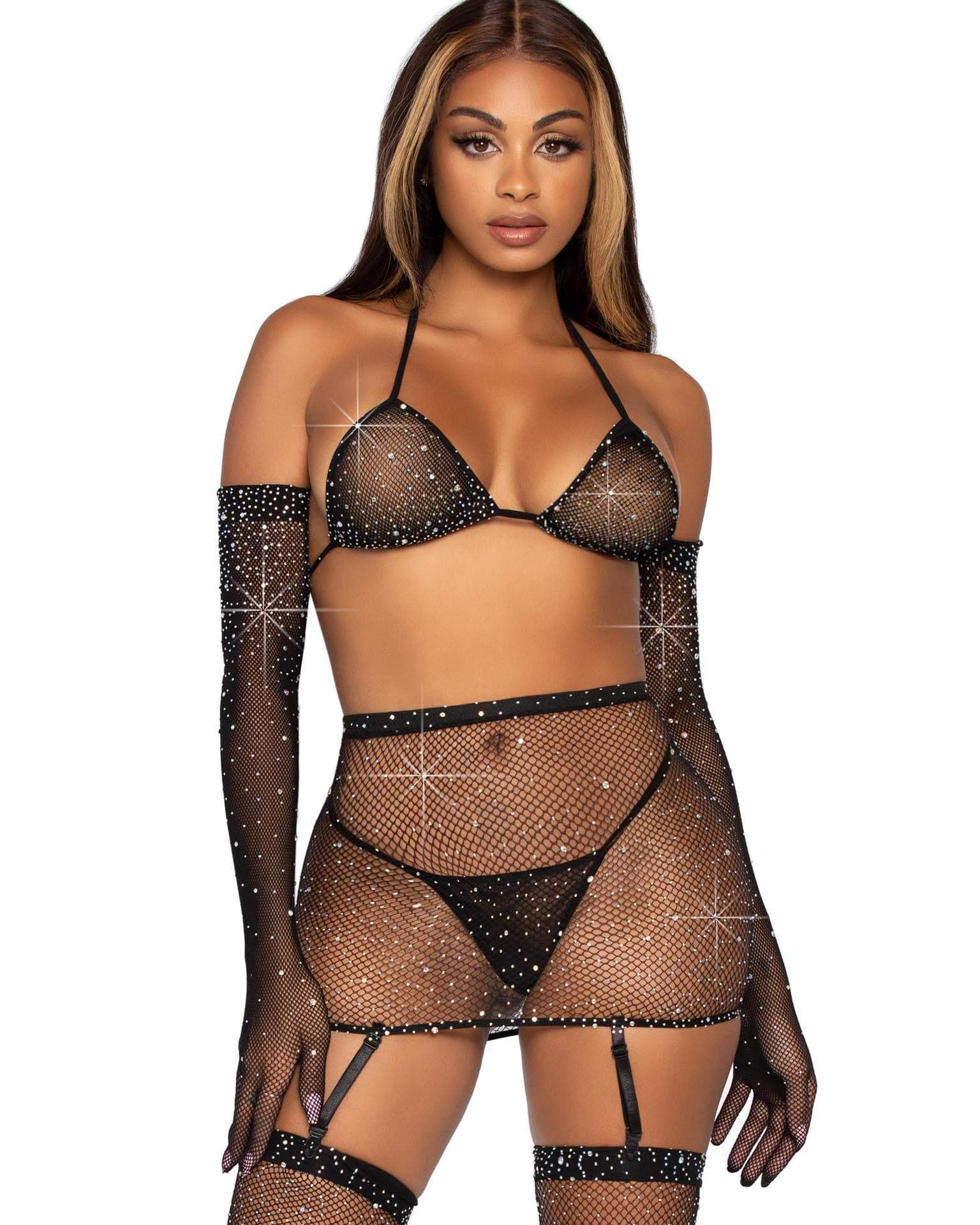 Black Starlight Sparkle Women's 5pc Fishnet Set