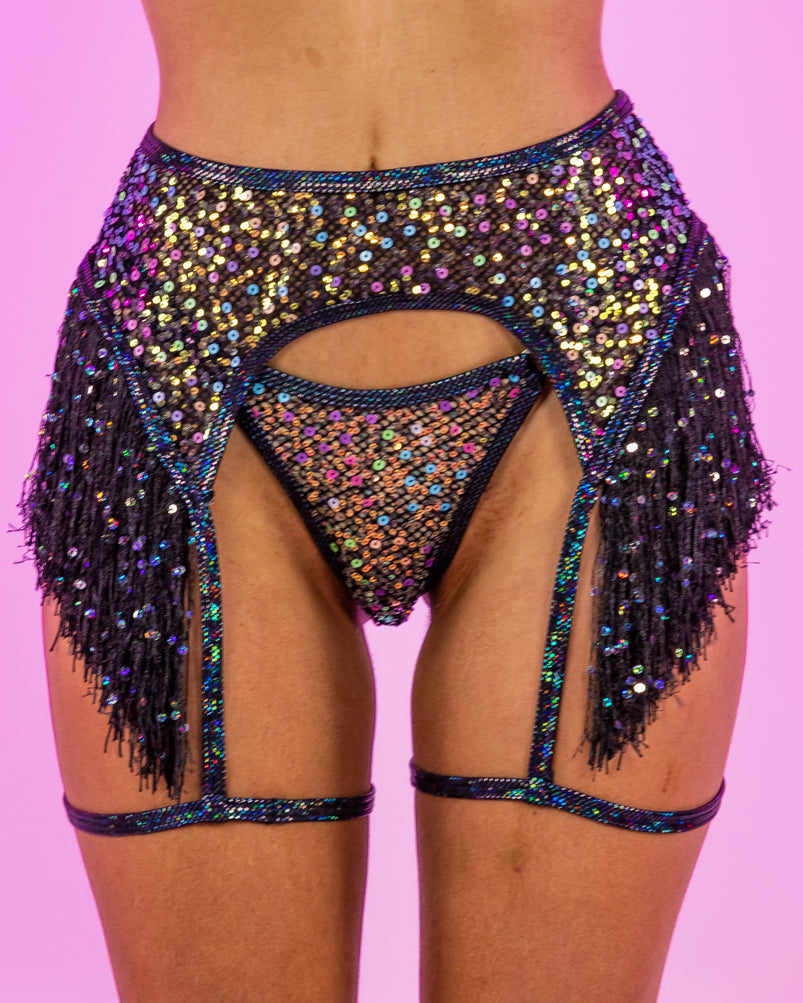 Diamond Rodeo Sequin Fishnet Garter Belt w/ Sequin Fringe Detail and Garter Snap