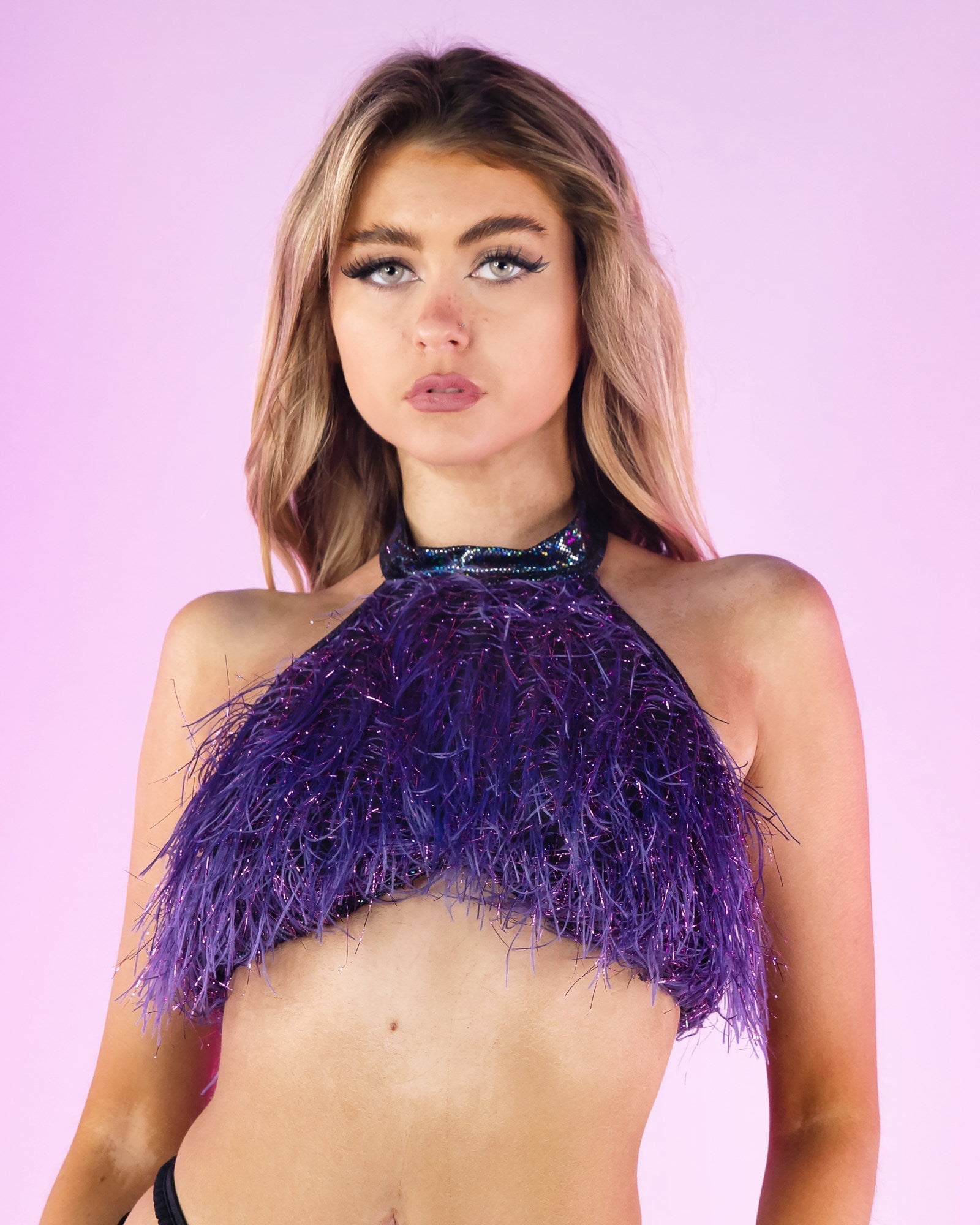 Funkmaster Faux Fur Cropped Halter Neck Top
