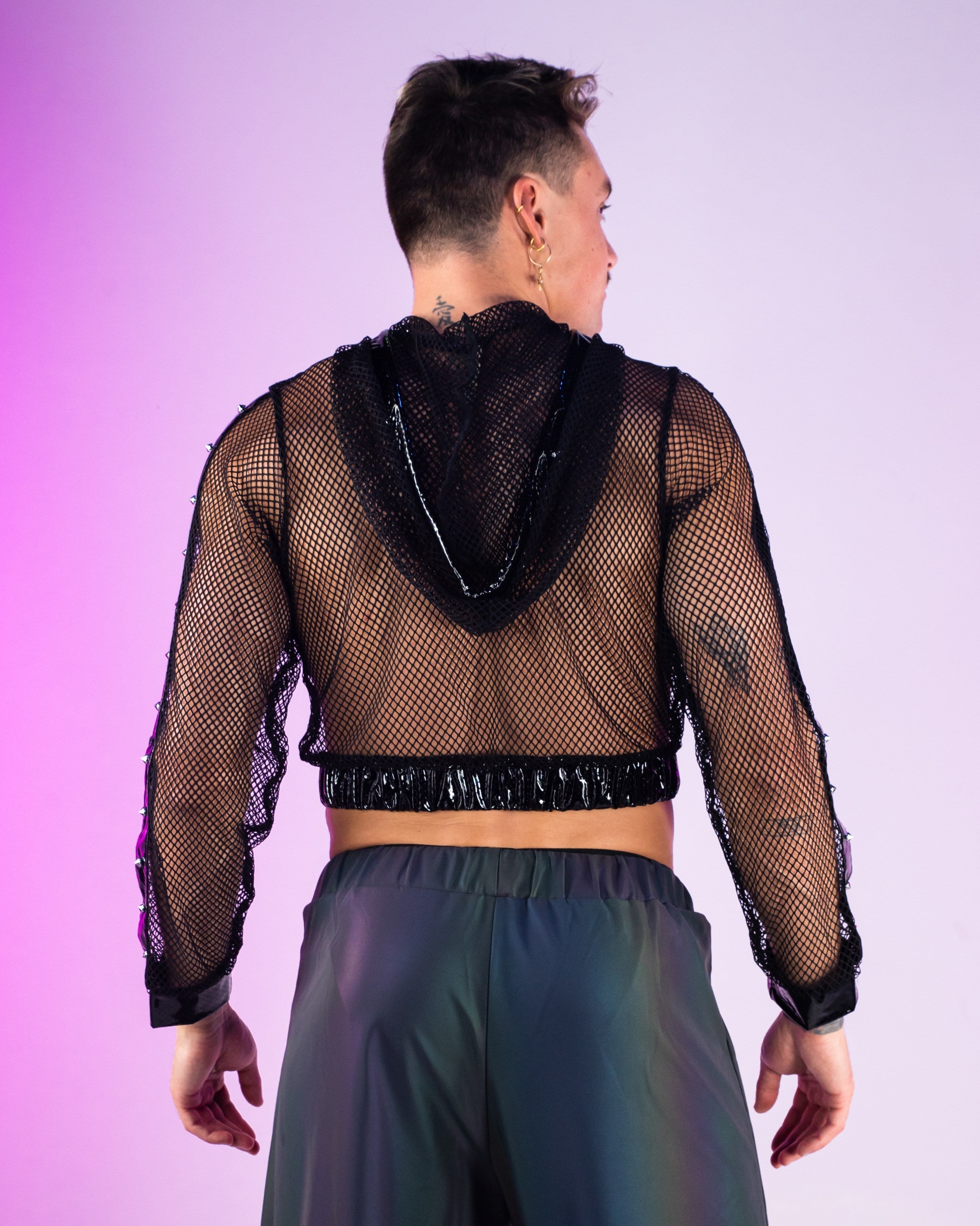 Techno Prism Cropped Fishnet Hoodie w/ Studs