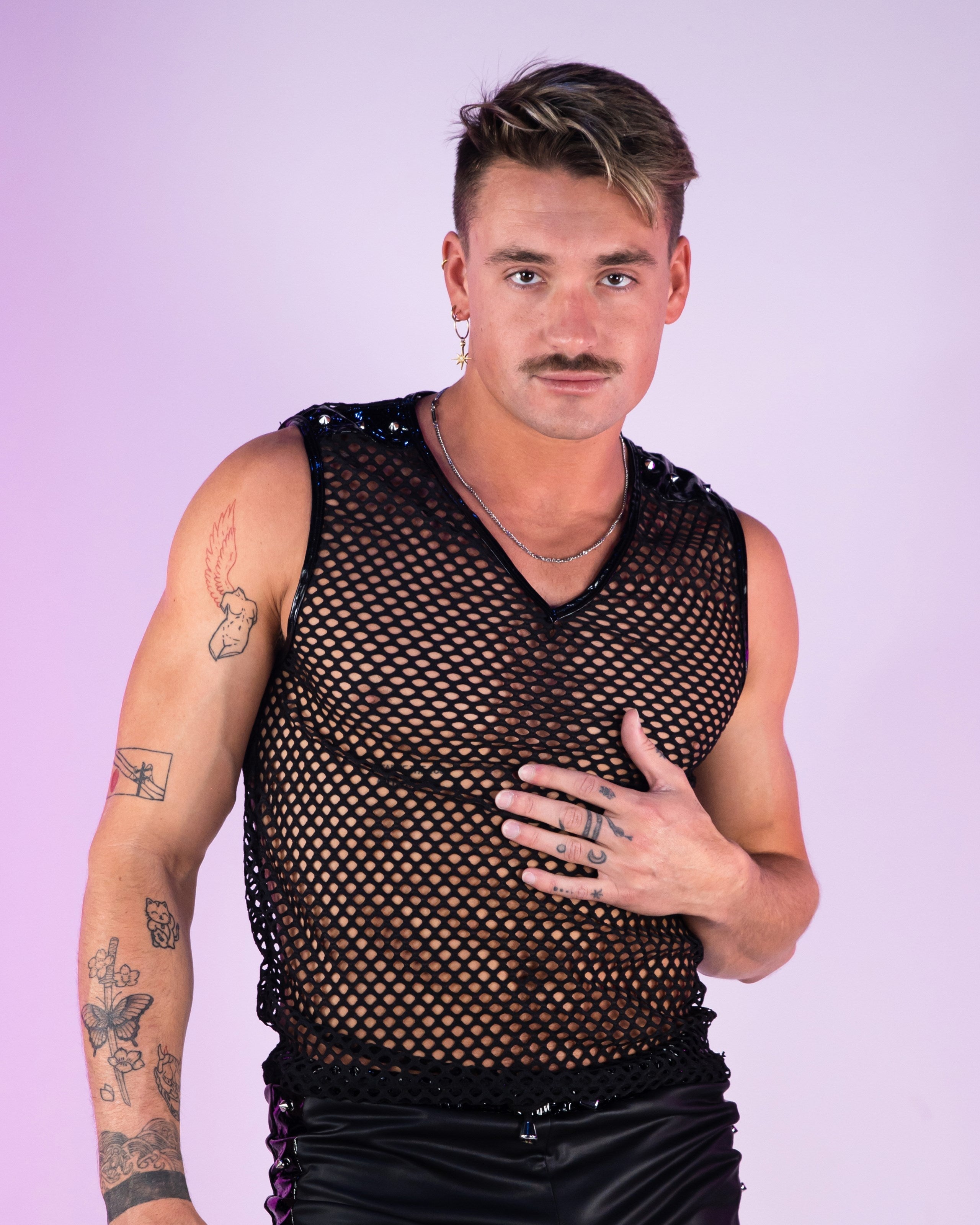 Men's Techno Black Fishnet Tank Top w/ Stud Details