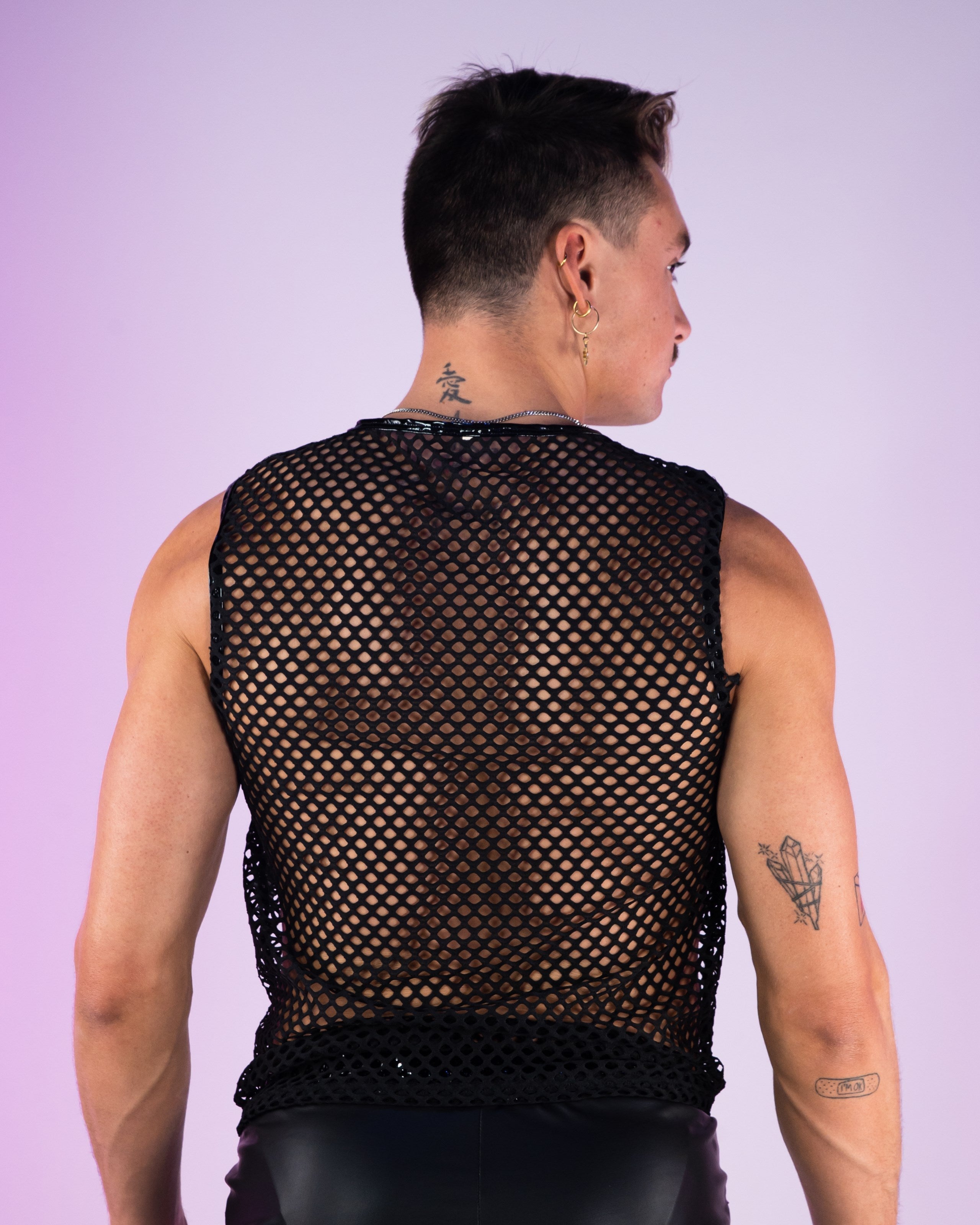 Men's Techno Black Fishnet Tank Top w/ Stud Details