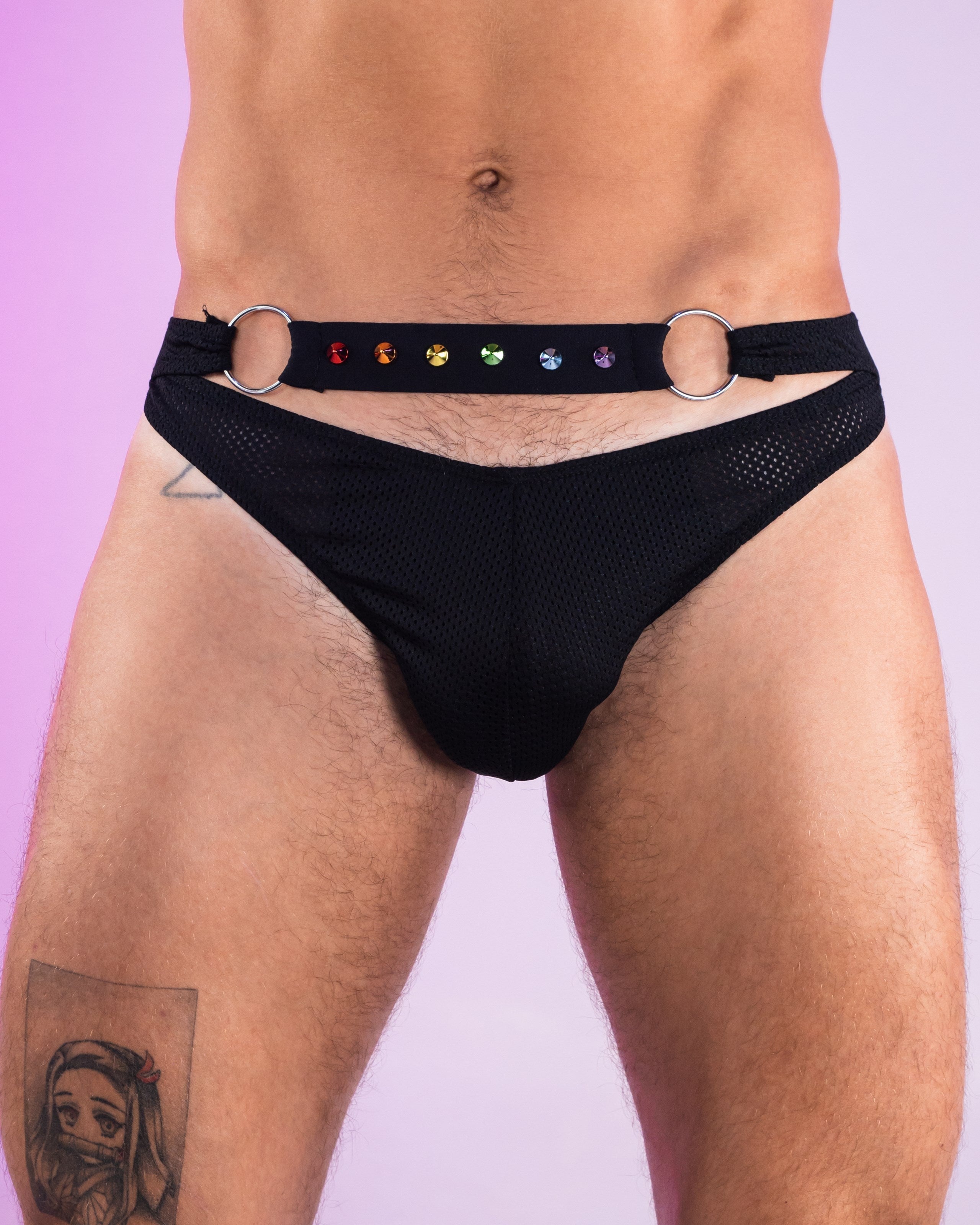 Rainbow Love Pride Criss-Cross Swim Briefs w/ Studs