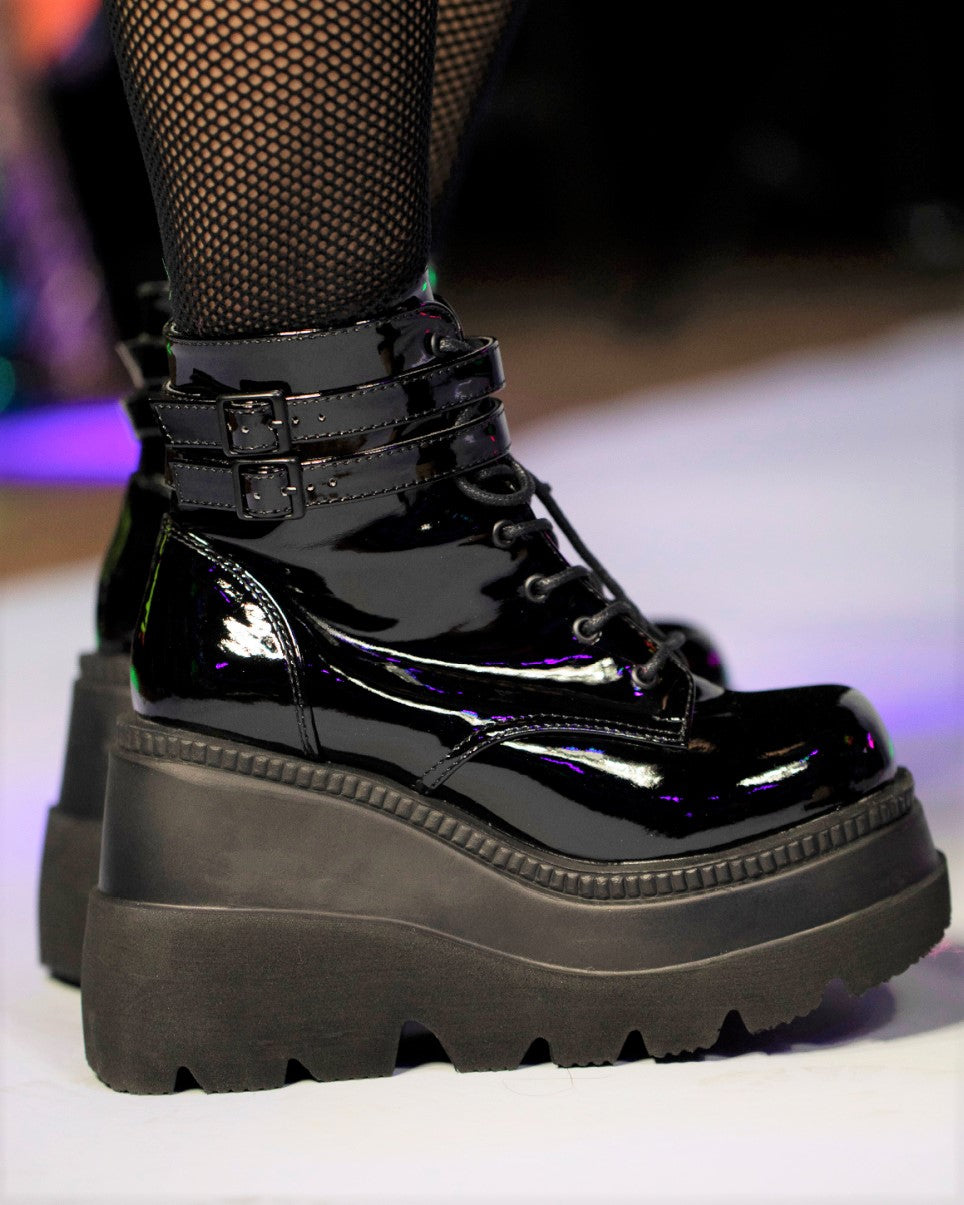 Demonia Black Patent Stacked Platform Ankle Boots