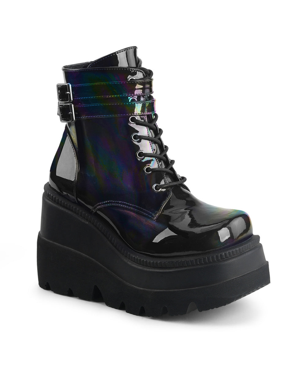 Demonia Holographic Black Stacked Platform Ankle Boots