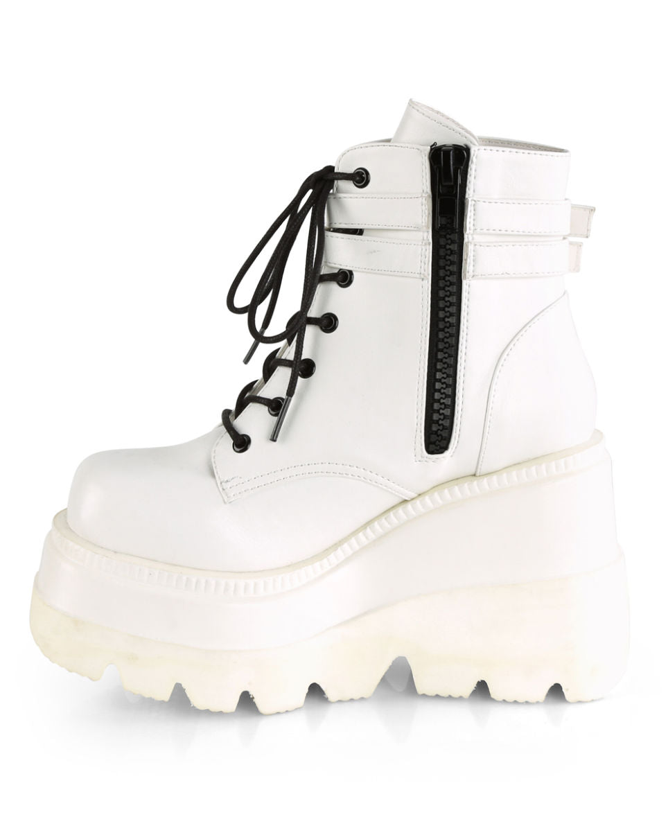Demonia White Stacked Women's Wedge Platform Ankle Boots