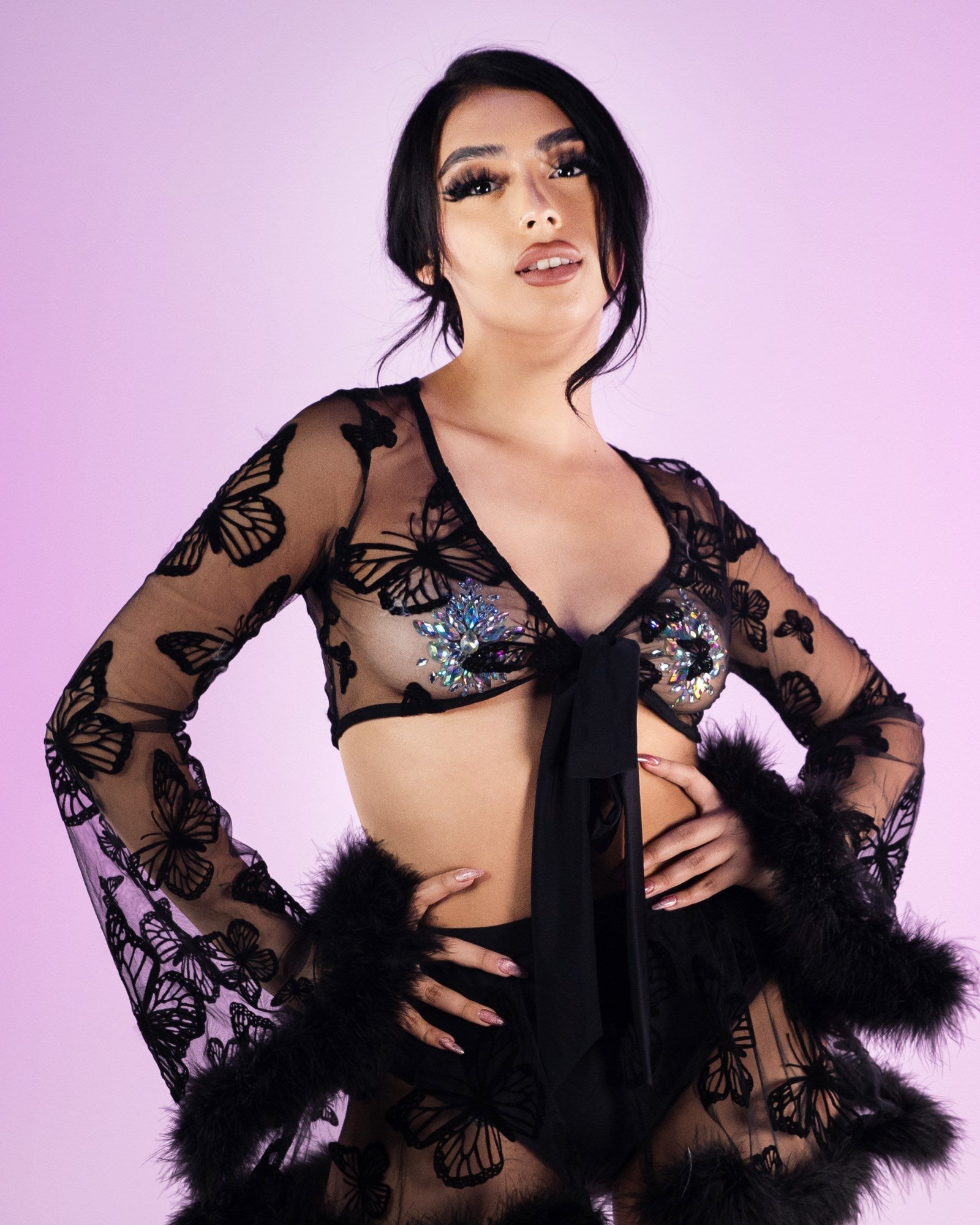 Black Midnight Butterfly Gardens Sheer Long Sleeve Top
