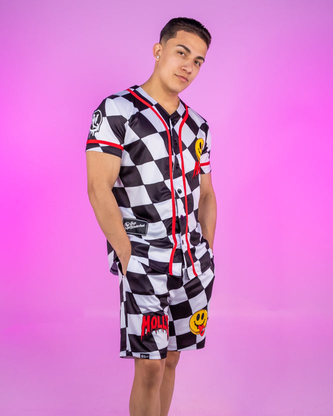 Checkered Molly Monster Smiley Face Black and White Baseball Jersey