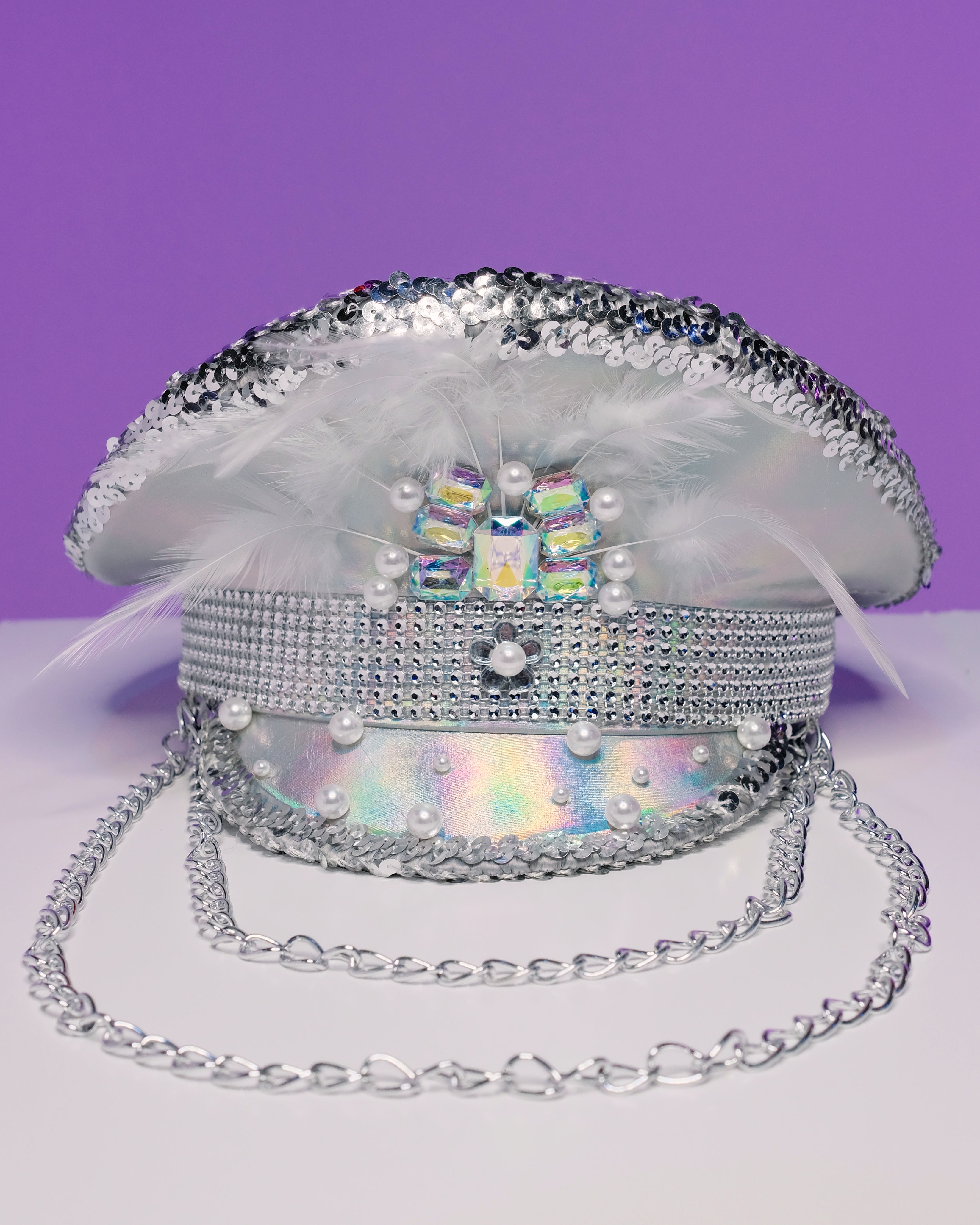 Pearl & Chain Silver Captain Hat