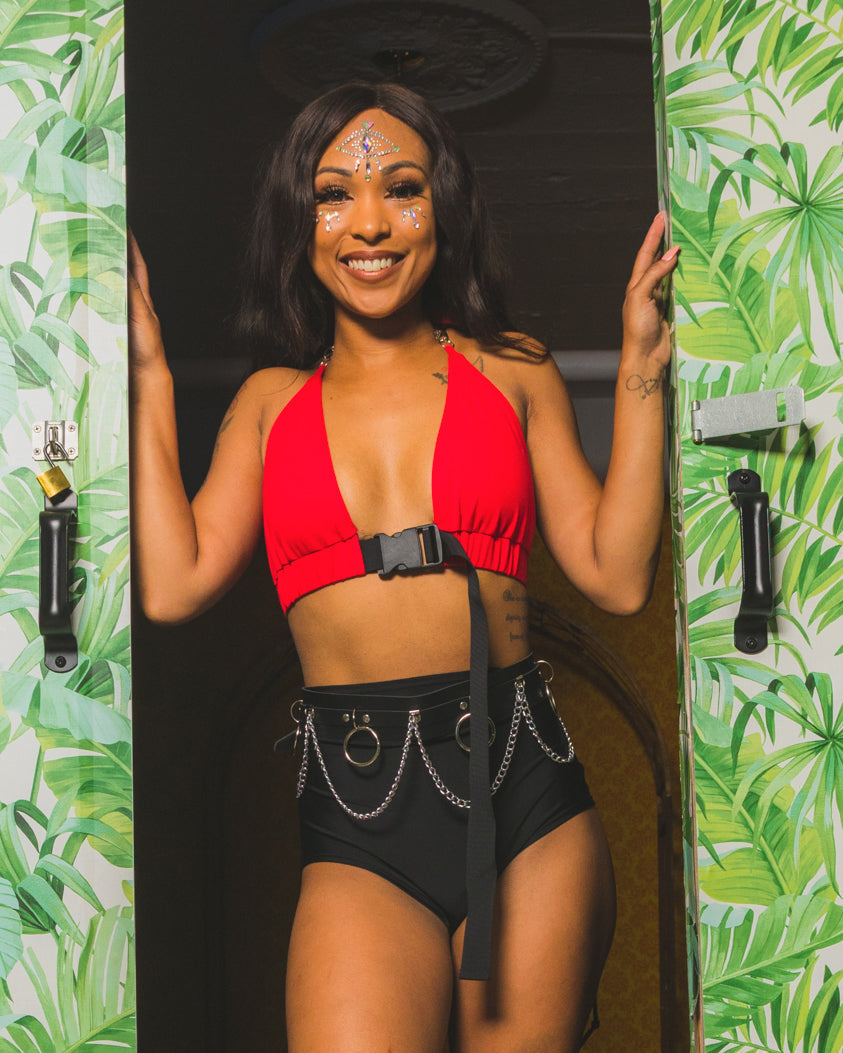 Red Click It or Ticket Buckle Top