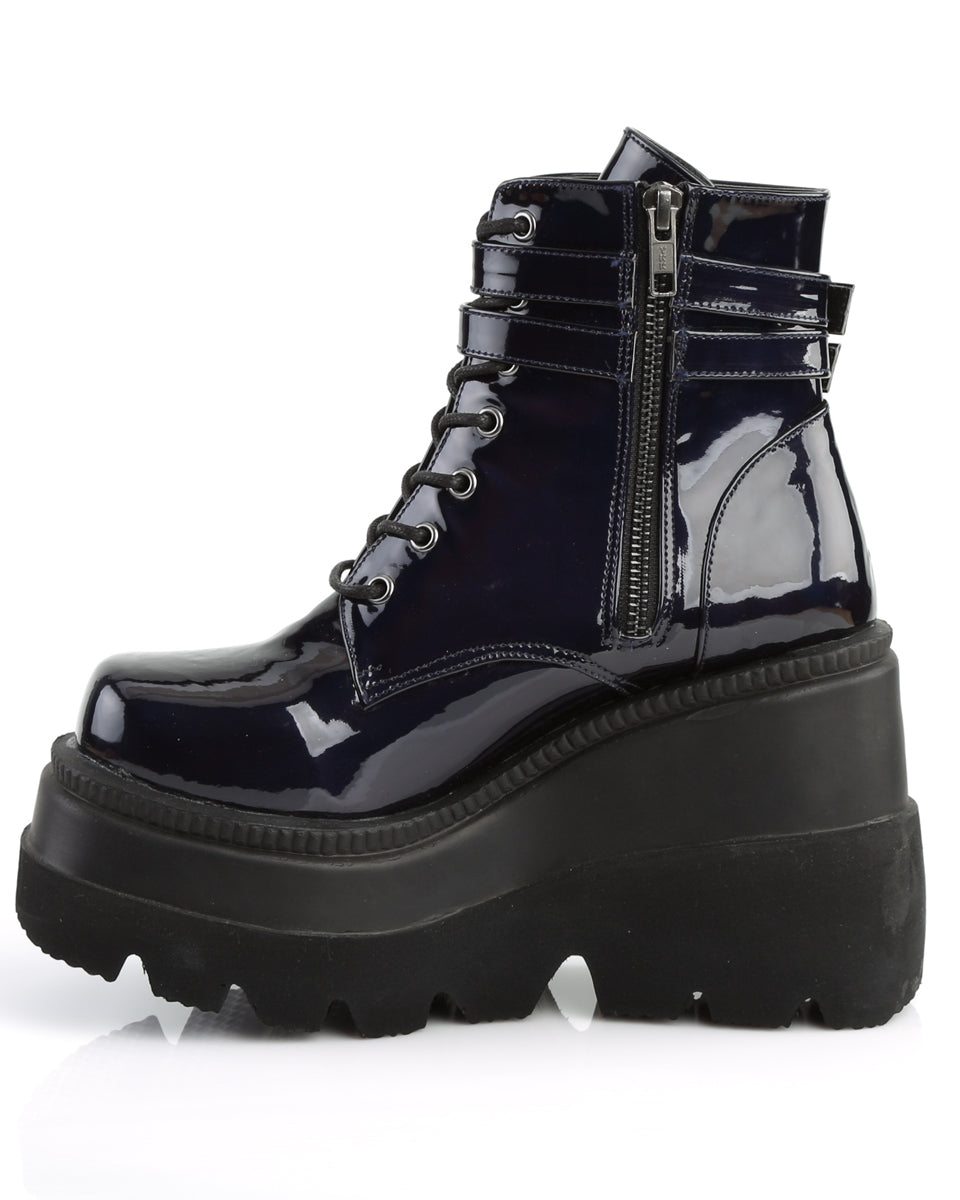 Demonia Holographic Black Stacked Platform Ankle Boots