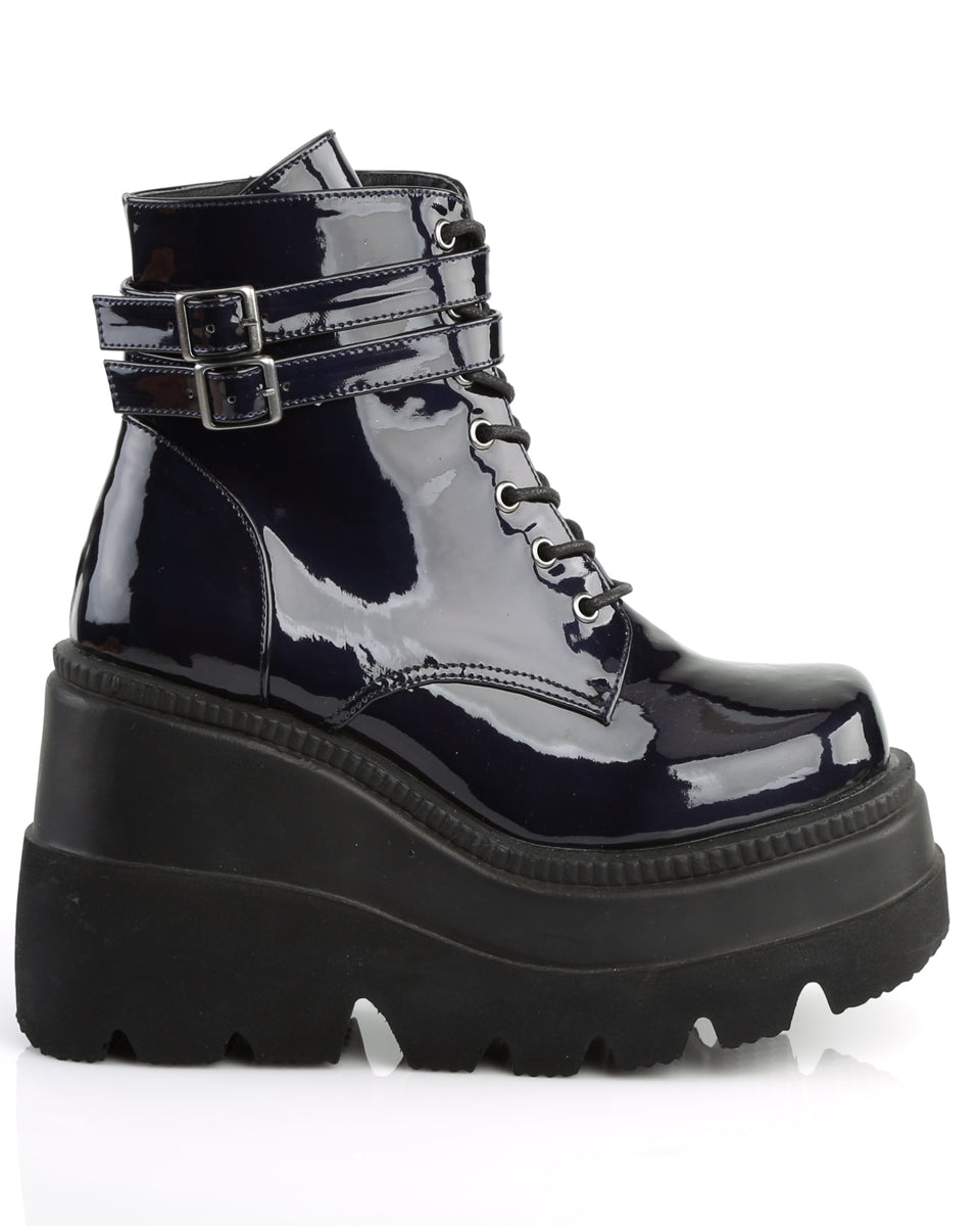 Demonia Holographic Black Stacked Platform Ankle Boots