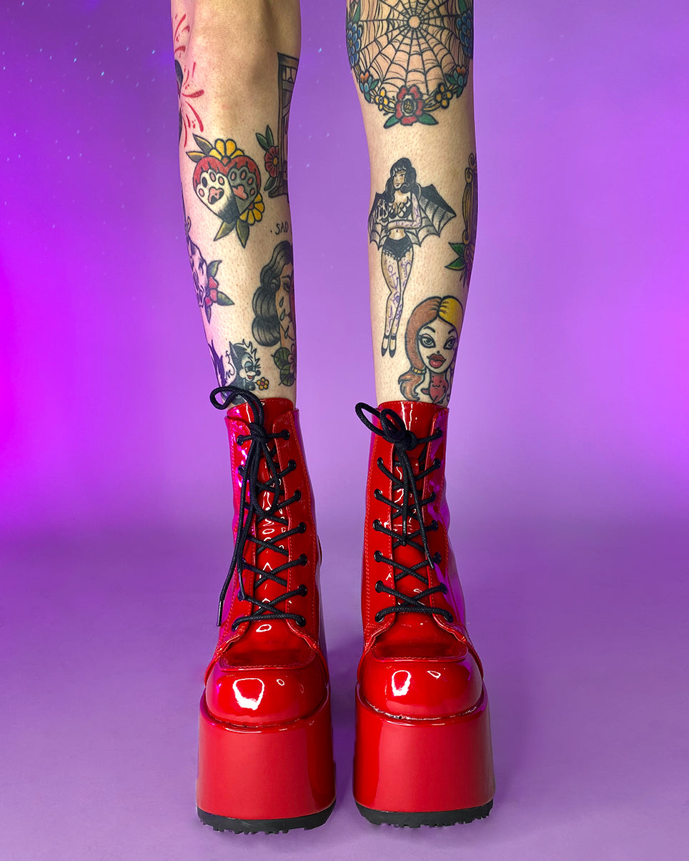 Demonia Red Patent Chunky Lace-Up Boots